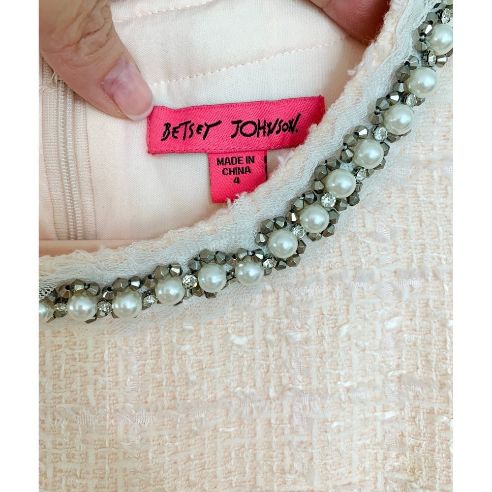 Vintage Betsey Johnson Pink Bouclé Tweed Shift 4 Pearl Rhinestone Mini Dress - Picture 13 of 16
